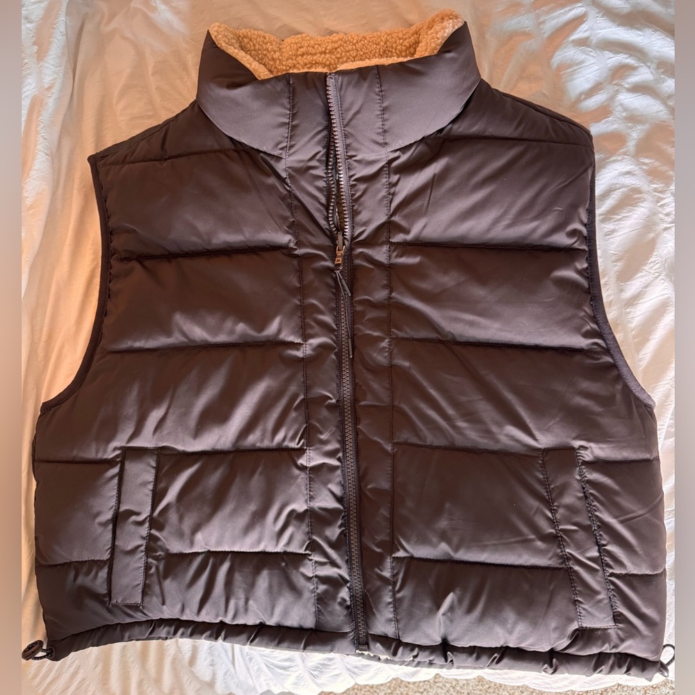Brown Cropped Reversible Puffer Vest with Sherpa Lining